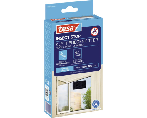 Tesa Insect Stop Klett Fliegengitter mit einer maximalen Größe von 100 x 100 cm in Anthrazit, inklusive Klettband, auf der Verpackung abgebildet