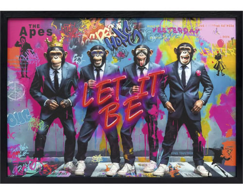 Gerahmtes Wandbild mit vier Affen in Anzügen vor Graffiti-Hintergrund