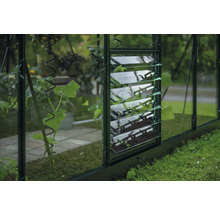 Detailansicht eines Gewächshauses mit Lamellenfenster und Pflanzenstütze