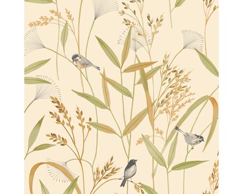 Tapete mit Pflanzenmotiven und Vogelillustrationen