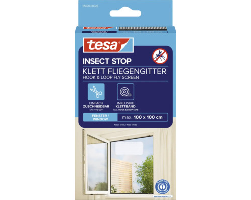 Tesa Insektenschutz Klett Fliegengitter für Fenster, maximale Größe 100 x 100 cm