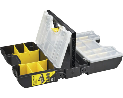 Stanley 3-in-1 Kleinteilemagazin aus schwarzem Kunststoff mit gelben Fächern, transparenten Deckeln und Tragegriff.
