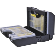 Offener Organizer aus Kunststoff für Werkzeuge oder Kleinteile mit transparenten Fächern und Tragegriff.