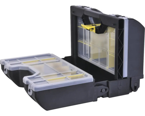 Offener Organizer aus Kunststoff für Werkzeuge oder Kleinteile mit transparenten Fächern und Tragegriff.
