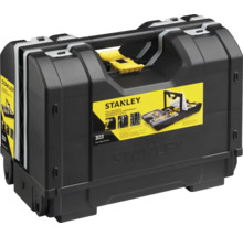 Stanley 3 in 1 Werkzeug-Organizer aus schwarzem Kunststoff mit gelbem Verschluss und Tragegriff.