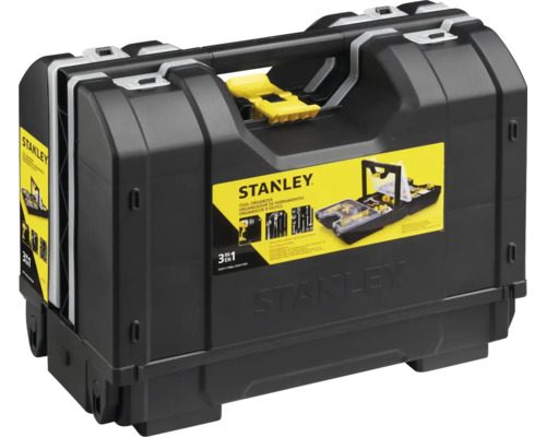 Stanley 3 in 1 Werkzeug-Organizer aus schwarzem Kunststoff mit gelbem Verschluss und Tragegriff.