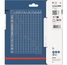 Rückseite einer Bosch Verpackung mit Materialtabelle für Kreissägeblätter, Bosch Logo, Recycling- und Sicherheitssymbolen.