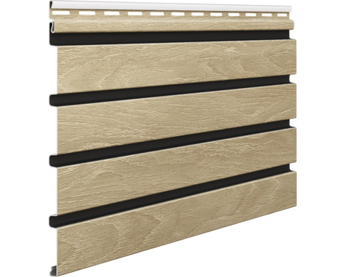 Kunststoff-Fassadenpaneel mit Holzstruktur und horizontalen Nuten.