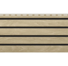 Beige Fassadenpaneele mit Holzmaserung und perforierter Montageleiste am oberen Rand.