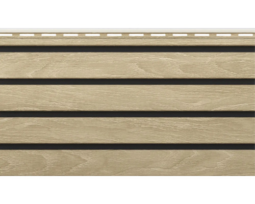 Beige Fassadenpaneele mit Holzmaserung und perforierter Montageleiste am oberen Rand.