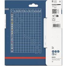 Rückseite der Bosch Expert Verpackung mit einer Tabelle zur Materialverträglichkeit für Kreissägeblätter und Sicherheitssymbolen.