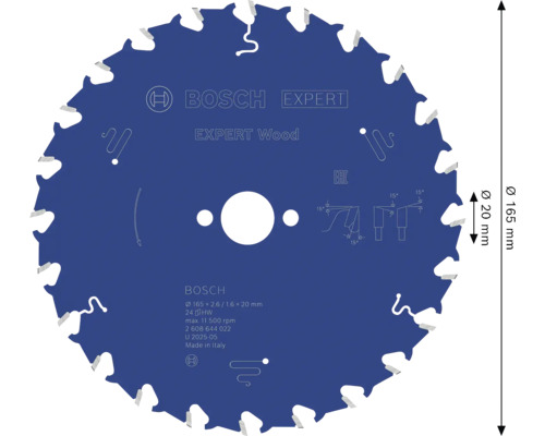 Blaues Bosch Kreissägeblatt Expert for Wood mit 165 Millimeter Durchmesser, 20 Millimeter Bohrung und 24 Zähnen.