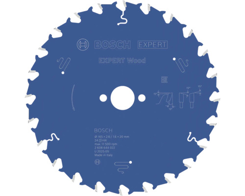 Kreissägeblatt Export for Wood H Ø 165x20 Z 24 Bosch Kreissägeblatt Expert for Wood, 165 mal 2,6 mal 20 Millimeter, 24 Zähne, blau.