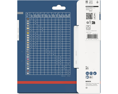 Rückseite der Bosch Expert Verpackung mit Material-Kompatibilitätstabelle, Sicherheitssymbolen und Bosch Logo.