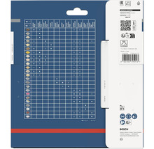 Rückseite der Verpackung für Bosch Kreissägeblätter mit Tabelle zur Materialeignung, technischen Daten, Sicherheitssymbolen und Bosch Logo.
