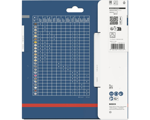 Rückseite der Verpackung für Bosch Kreissägeblätter mit Tabelle zur Materialeignung, technischen Daten, Sicherheitssymbolen und Bosch Logo.