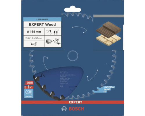 Bosch EXPERT Wood Kreissägeblatt, Durchmesser 165 Millimeter, 24 Zähne, Bohrung 30 Millimeter, Carbide Technology, Bosch Logo.
