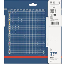 Bosch Expert Produktdatenblatt für Sägeblätter mit Materialkompatibilitätstabelle, technischen Angaben, Sicherheitssymbolen und Bosch Logo.