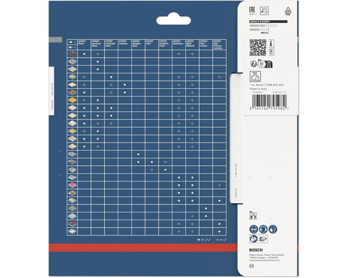 Bosch Expert Produktdatenblatt für Sägeblätter mit Materialkompatibilitätstabelle, technischen Angaben, Sicherheitssymbolen und Bosch Logo.