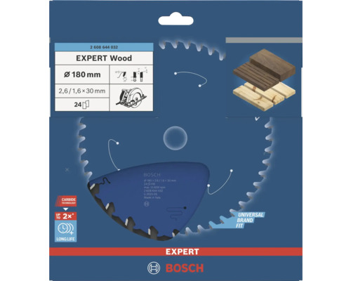 Bosch Kreissägeblatt Expert for Wood, Durchmesser 180 Millimeter, Bohrung 30 Millimeter, 24 Zähne, Carbide Technology für lange Lebensdauer, Bosch Logo.