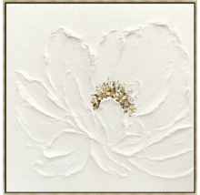 Gemälde mit weißer Blume und goldenen Akzenten im Rahmen