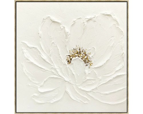 Gemälde mit weißer Blume und goldenen Akzenten im Rahmen
