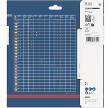 Rückseite der Bosch Expert Verpackung mit einer Material-Kompatibilitätstabelle, technischen Informationen, Sicherheitssymbolen und dem Bosch Logo.