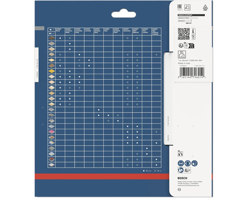 Rückseite der Bosch Expert Verpackung mit einer Material-Kompatibilitätstabelle, technischen Informationen, Sicherheitssymbolen und dem Bosch Logo.