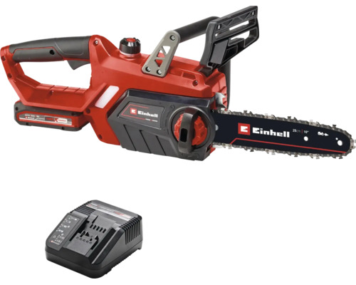 Rote Einhell Akku-Kettensäge mit 25 Zentimeter Schwertlänge, inklusive Ladegerät und Akku.