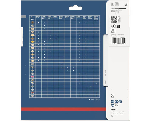 Bosch Expert Kreissägeblatt-Verpackungsrückseite mit Materialkompatibilitätstabelle, Sicherheitssymbolen und Bosch Logo.
