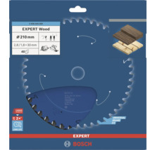 Bosch Kreissägeblatt Expert for Wood, Durchmesser 210 Millimeter, Bohrung 30 Millimeter, 40 Zähne, Carbide Technology, Bosch Logo.