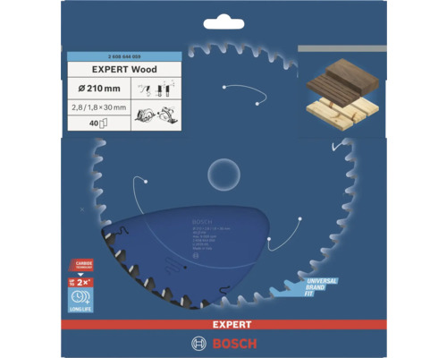 Bosch Kreissägeblatt Expert for Wood, Durchmesser 210 Millimeter, Bohrung 30 Millimeter, 40 Zähne, Carbide Technology, Bosch Logo.