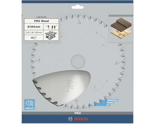 Kreissägeblatt Bosch PRO Wood, Durchmesser 254 Millimeter, 40 Zähne, für Holz, Universal Brand Fit, lange Lebensdauer, Bosch Logo.