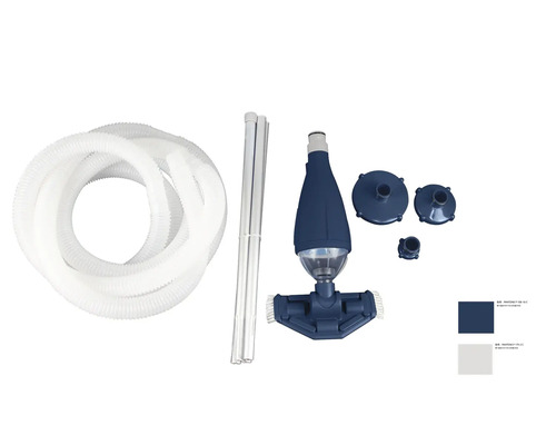 Poolreinigungsset bestehend aus weißem Schlauch, Teleskopstangen aus Aluminium, Bodensauger mit Bürsten, transparentem Schmutzbehälter und Adaptern.