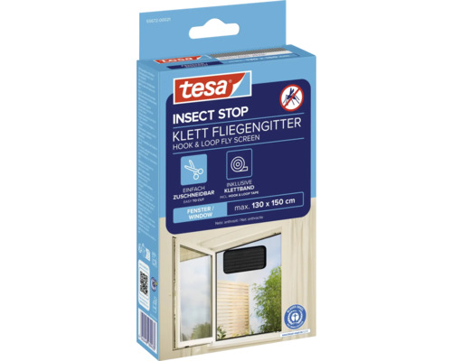 Tesa Insect Stop Klett Fliegengitter für Fenster, inklusive Klettband, maximale Größe 130 mal 150 Zentimeter