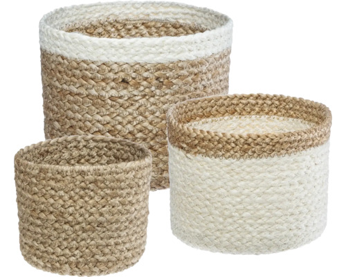 Naturkorb Aufbewahrung Jute weiß 18x14x18 cm 3 Stück Drei geflochtene Körbe aus Naturfasern in verschiedenen Größen
