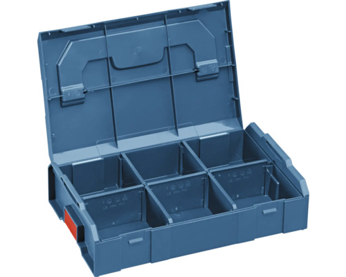 Geöffnete blaue Werkzeugbox mit Fächern zur Aufbewahrung von Werkzeugen und Zubehör