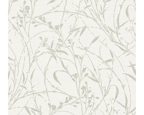 Tapete mit botanischem Muster aus Gräsern, Blättern und zarten Blüten.