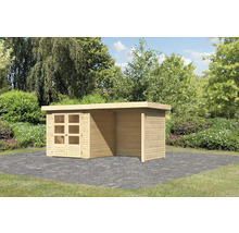 Holzgartenhaus mit Doppeltür und offenem Bereich im Garten