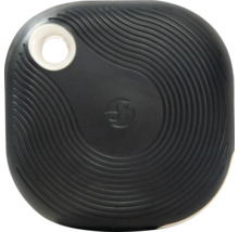Schwarzer Bluetooth-Knopf mit Shelly Logo, gewellter Oberflächenstruktur und runder Befestigungsöffnung.