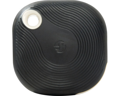 Schwarzer Bluetooth-Knopf mit Shelly Logo, gewellter Oberflächenstruktur und runder Befestigungsöffnung.