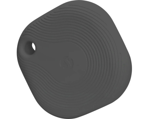 Kompakter dunkelgrauer Bluetooth-Tracker mit strukturierter Oberfläche, Loch für Schlüsselring und Samsung Logo.