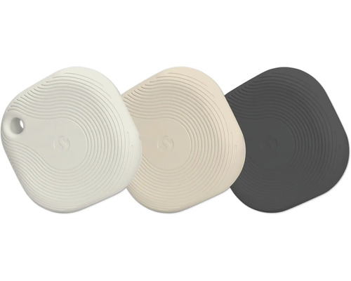 Drei Bluetooth-Tracker in Weiß, Beige und Schwarz mit Wellenmuster und Befestigungsloch.