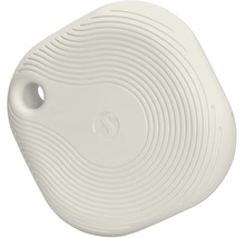 Weißer runder Bluetooth-Taster mit Rillenoberfläche, Befestigungsöffnung und Shelly Logo.