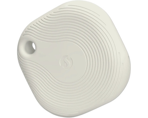 Weißer runder Bluetooth-Taster mit Rillenoberfläche, Befestigungsöffnung und Shelly Logo.