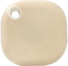 Beige Bluetooth-Tracker aus Kunststoff mit riffeliger Oberfläche, Loch für einen Schlüsselanhänger und Samsung Logo.