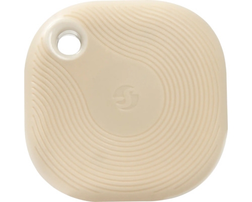 Beige Bluetooth-Tracker aus Kunststoff mit riffeliger Oberfläche, Loch für einen Schlüsselanhänger und Samsung Logo.