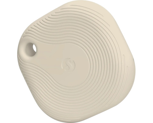 Shelly BLU Tag Bluetooth Tracker in Beige mit spiralförmiger Struktur und Befestigungsöse.