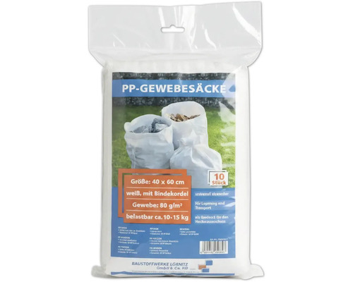 PP Gewebesäcke, 40 x 60 cm, weiß, mit Bindekordel, Gewebe 80 g/m², belastbar circa 10 bis 15 kg, 10 Stück