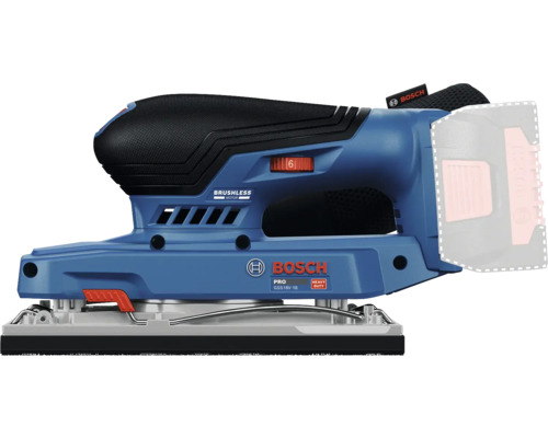 Bosch Professional Akku-Schwingschleifer GSS 18V-18 mit bürstenlosem Motor und Schleifplatte.
